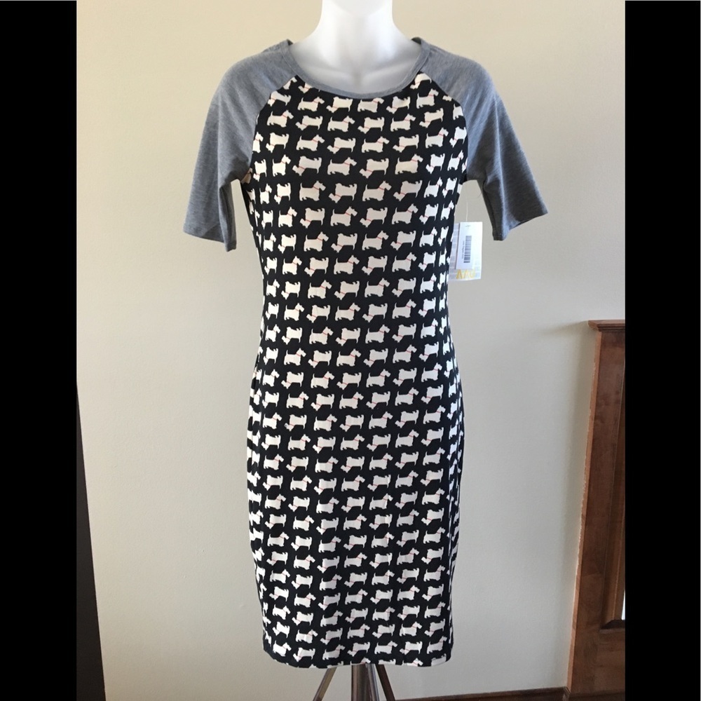 LuLaRoe Julia Raglan Scottie Unicorn Bodycon Dress